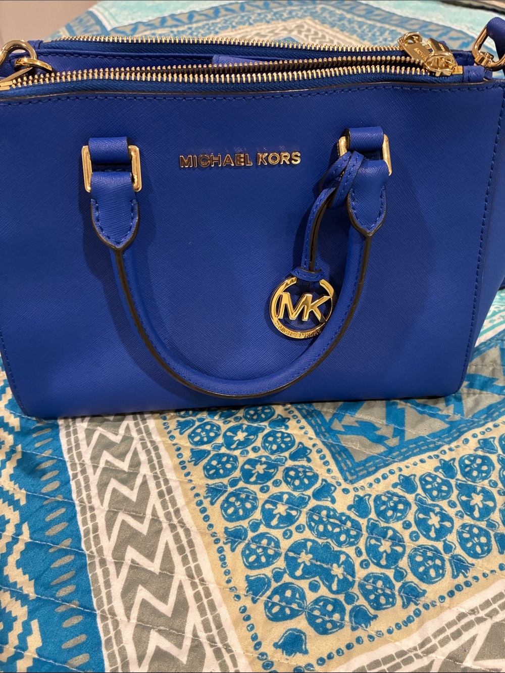 Michael Kors Cobalt Saffiano Leather Satchel with Gold Hardware